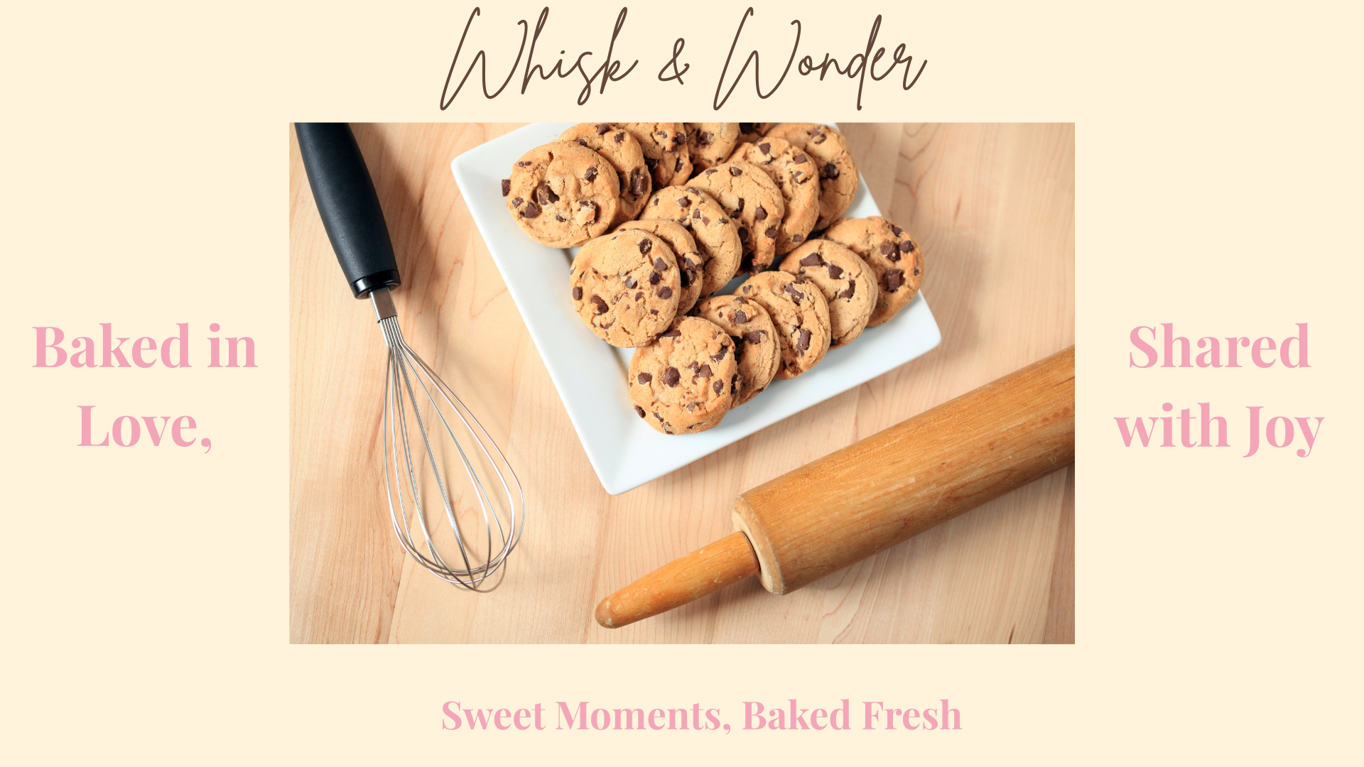 Chocolate chip cookies with a whisk and rolling pin